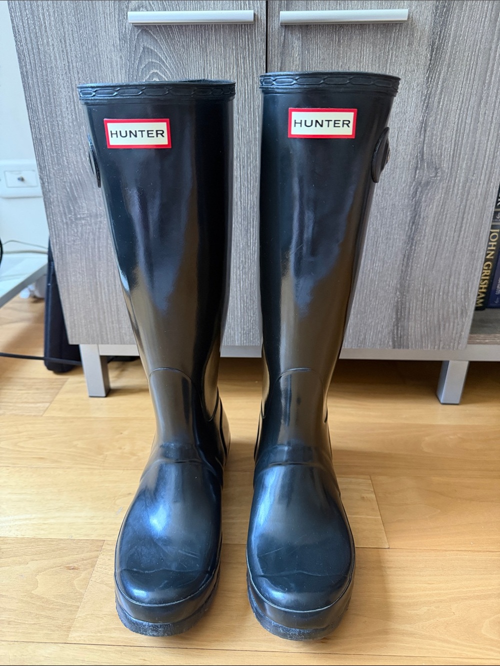 Hunter Black Gloss Tall Rain Boots with Red Logo Accent